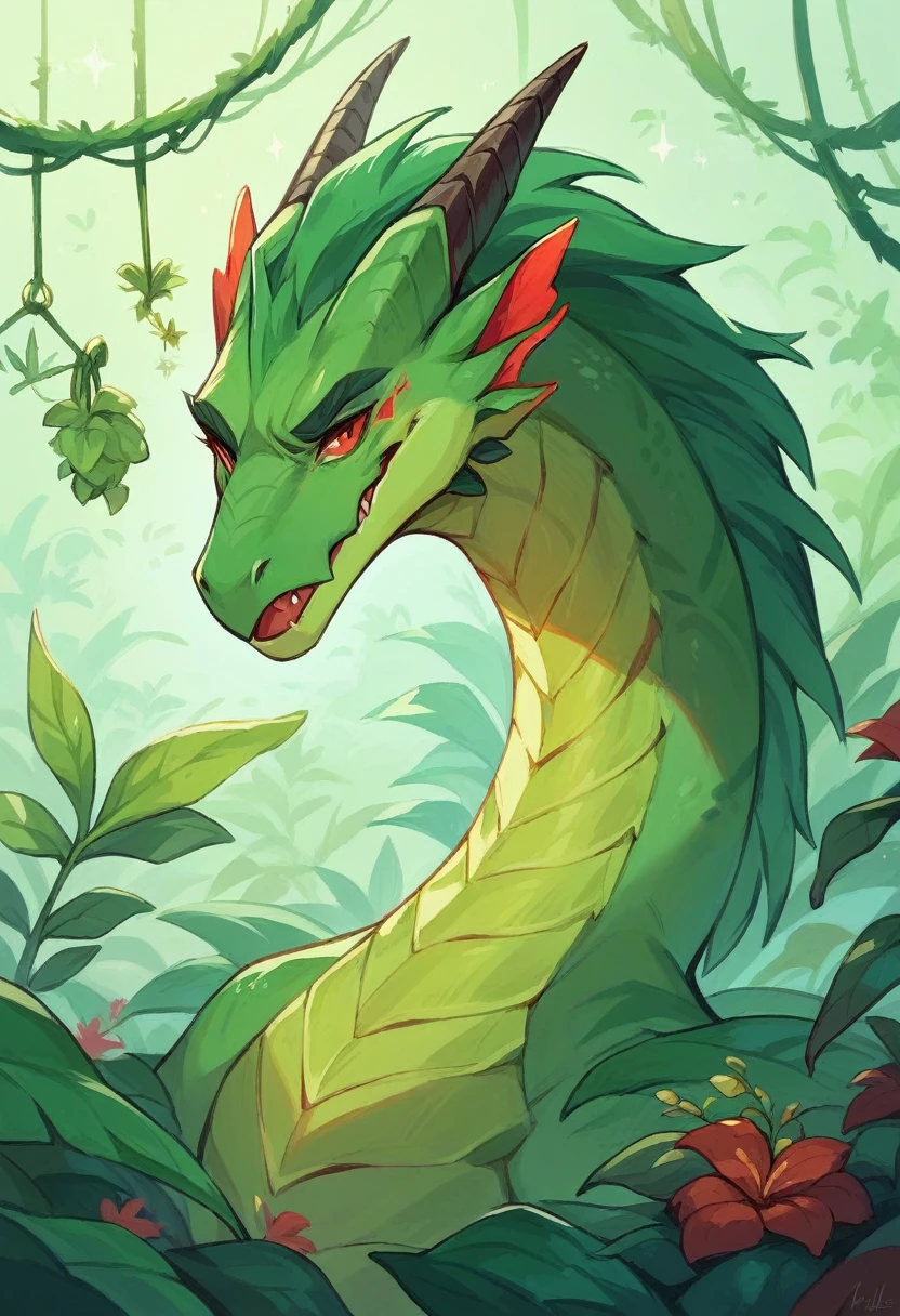 1 green dragon,mystical, not chines style  , around marijuana plants, in a grow room with red LEDs illuminating the plants 
