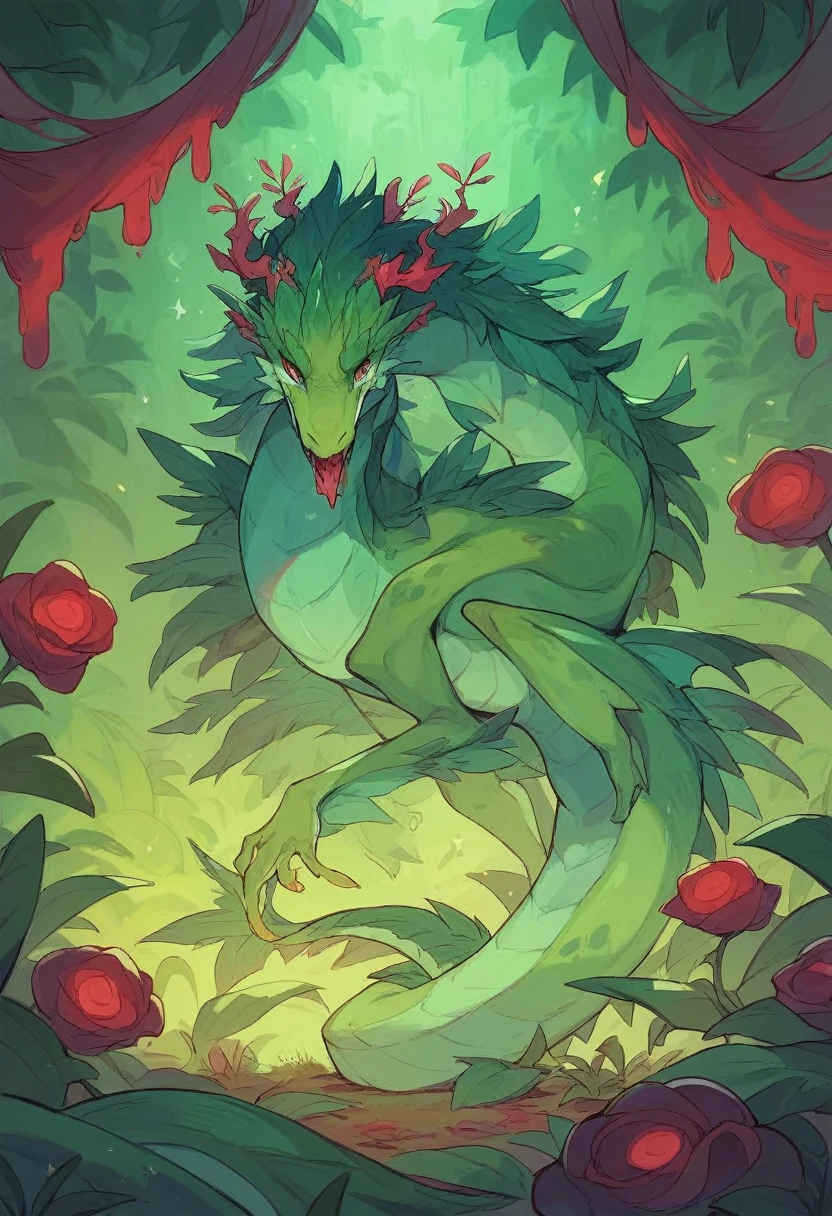 1 green dragon,mystical, not chines style , around marijuana plants, in a grow room with red LEDs illuminating the plants