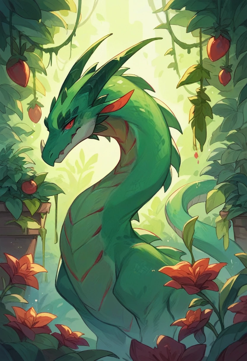 1 green dragon,mystical, not chines style , around marijuana plants, in a grow room with red LEDs illuminating the plants