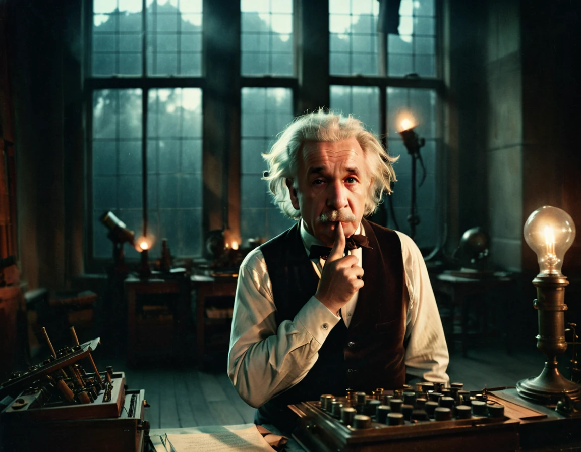 scientist Albert Einstein looking to the side with great anger, a rare moment of intense anger asking for silence with a finger in his mouth,, mysterious, against the backdrop of a dimly lit large hall with imposing and foreboding windows shrouded in fog, casting a mysterious and mystical environment, as if the shadows themselves were about to reveal a sinister secret, with a warm, muted color palette of burnt oranges, faded golds and dusty blues, evoking a sense of aged and forgotten knowledge, surrounded by scattered tomes and dusty and ancient scientific instruments, bathed in a warm, soft glow. vintage retrocore, daguerrotype,, photo, cinematic