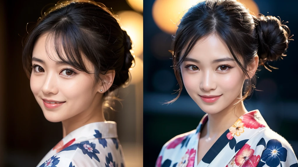 (1women), Updo hairstyle, (round eyes:1.2), (highly detailed face), (extremely detailed beautiful face), (smile happily), (floral pattern yukata), (Best Quality:1.4), (Ultra-detailed), extremely detailed CG unified 8k wallpaper, Realistic portrait, Beautiful detailed, High-definition raw color photos, professional photography, night sky, beautiful milky way, (fine face:1.2), focus on women, tanabata,