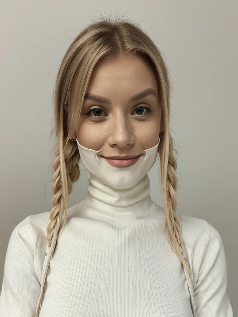 Photo of a gorgeous blonde, she is wearing an off-white skinny tight ribbed turtleneck sweater