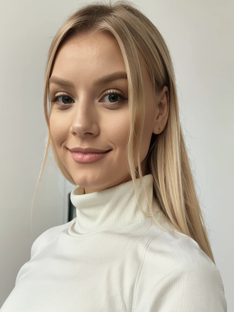 Photo of a gorgeous blonde, she is wearing an off-white skinny tight ribbed turtleneck sweater