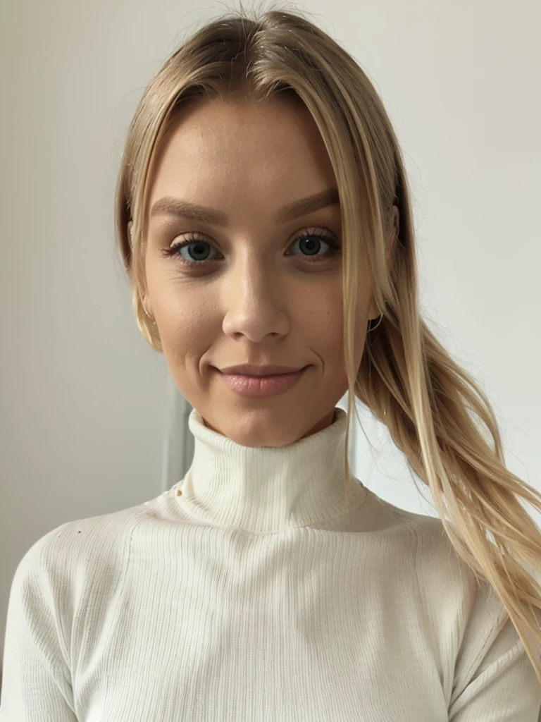 Photo of a gorgeous blonde, she is wearing an off-white skinny tight ribbed turtleneck sweater