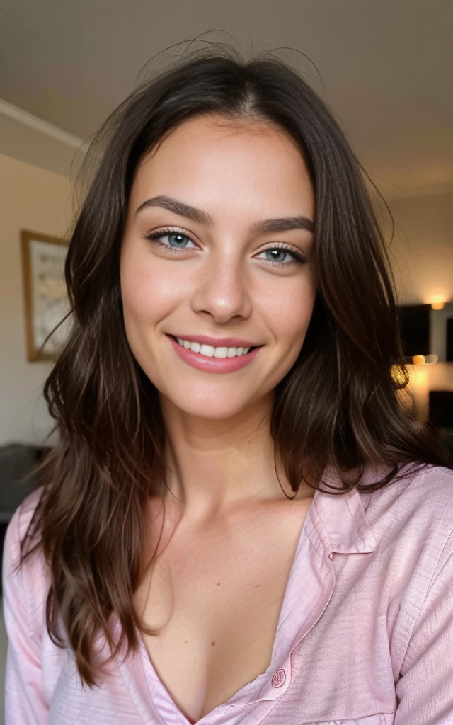 very happy smiling, beautiful brunette smiling wearing  pink flower pyjamas as home in the evening, low lighting, tv in the backgrounnd, low lighting, very detailed, 40 years, innocent face, long hair, natural wavy, blue eyes, high resolution, masterpiece, best quality, intricate details, highly detailed, sharp focus, detailed skin, realistic skin texture, texture, detailed eyes, professional, 4k, charming smile, shot on Canon, 85mm, shallow depth of field, kodak vision color, perfect fit body, extremely detailed, foto_\(ultra\), photorealistic, realistic, post-processing, maximum detail, roughness, real life, ultra realistic, photorealism, photography, 8k uhd, photography, busty