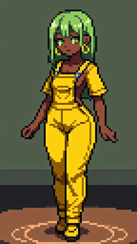 masterpiece, best quality,1girl, ((young girl)), ((large round magical green eyes)), shiny skin, (thin waist), (long curlly green hair), ((curvy)), ((wide hips)), ((hoop earrings)), ((small size)) , ((( yellow overalls))), hot, soft natural lighting, reflections, bright illuminations, deep dark black skin, ((yellow outfit)), full body