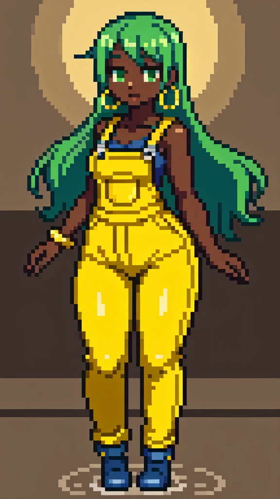 masterpiece, best quality,1girl, ((young girl)), ((large round magical green eyes)), shiny skin, (thin waist), (long curlly green hair), ((curvy)), ((wide hips)), ((hoop earrings)), ((small size)) , ((( yellow overalls))), hot, soft natural lighting, reflections, bright illuminations, deep dark black skin, ((yellow outfit)), full body