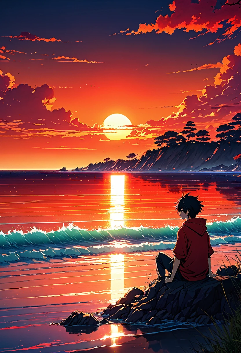 anime landscape of a boy sitting near the shore of a sea with, hellish orange and red sunset,vasto cielo sereno anime nature wallpapers, beautiful anime scene, beautiful anime peace scene, Makoto Shinkai Cyril Rolando, beautiful anime scene, amazing wallpaper, anime art wallpaper 8k, anime background, art anime background, anime 4k wallpaper, anime art 4k wallpaper, anime art 4k wallpaper ,