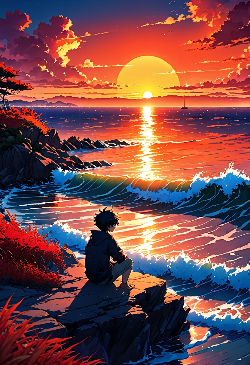 anime landscape of a boy sitting near the shore of a sea with, hellish orange and red sunset,vasto cielo sereno anime nature wallpapers, beautiful anime scene, beautiful anime peace scene, Makoto Shinkai Cyril Rolando, beautiful anime scene, amazing wallpaper, anime art wallpaper 8k, anime background, art anime background, anime 4k wallpaper, anime art 4k wallpaper, anime art 4k wallpaper ,