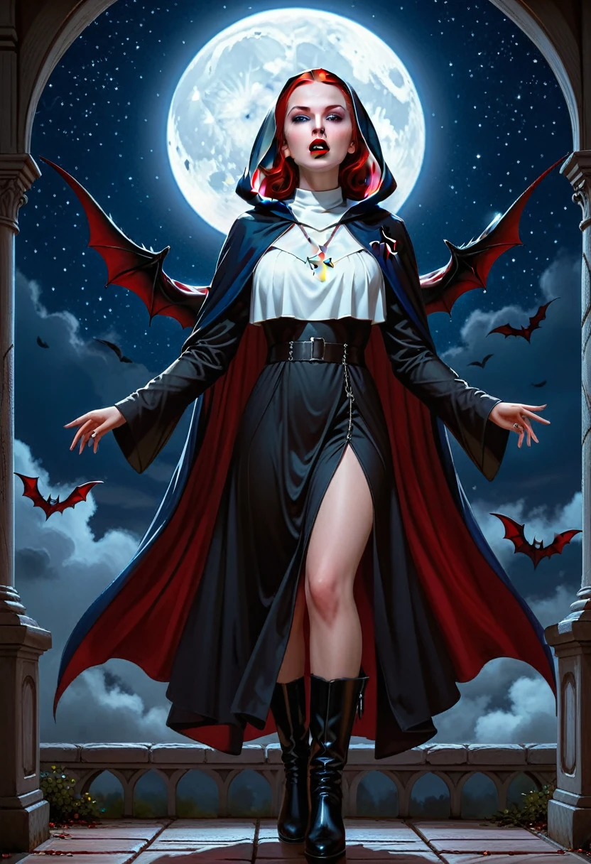 a picture of an exquisite beautiful female (nun: 1.3) vampire standing under the starry night sky on the porch of her monastary, action shot, dynamic angle (ultra detailed, Masterpiece, best quality), ultra detailed face (ultra detailed, Masterpiece, best quality), ultra feminine, (pale skin: 1.3), red hair, wavy hair, dynamic eyes color, cold eyes, glowing eyes, intense eyes, dark red lips, ((fangs: 1.1)), wearing white nun habit (ultra detailed, Masterpiece, best quality), wearing (blue cloak: 1.3) (ultra detailed, Masterpiece, best quality), long cloak, flowing cloak (ultra detailed, Masterpiece, best quality), wearing (high heeled boots: 1.3), sky full of stars background, moon, bats flying about, action shot, high details, best quality, 16k, [ultra detailed], masterpiece, best quality, (ultra detailed), full body, ultra wide shot, photorealism, dark fantasy art, dark fantasy art, gothic art, many stars, dark fantasy art, gothic art, sense of dread,  GlowingRunesAI_red, Cinematic Hollywood Film style