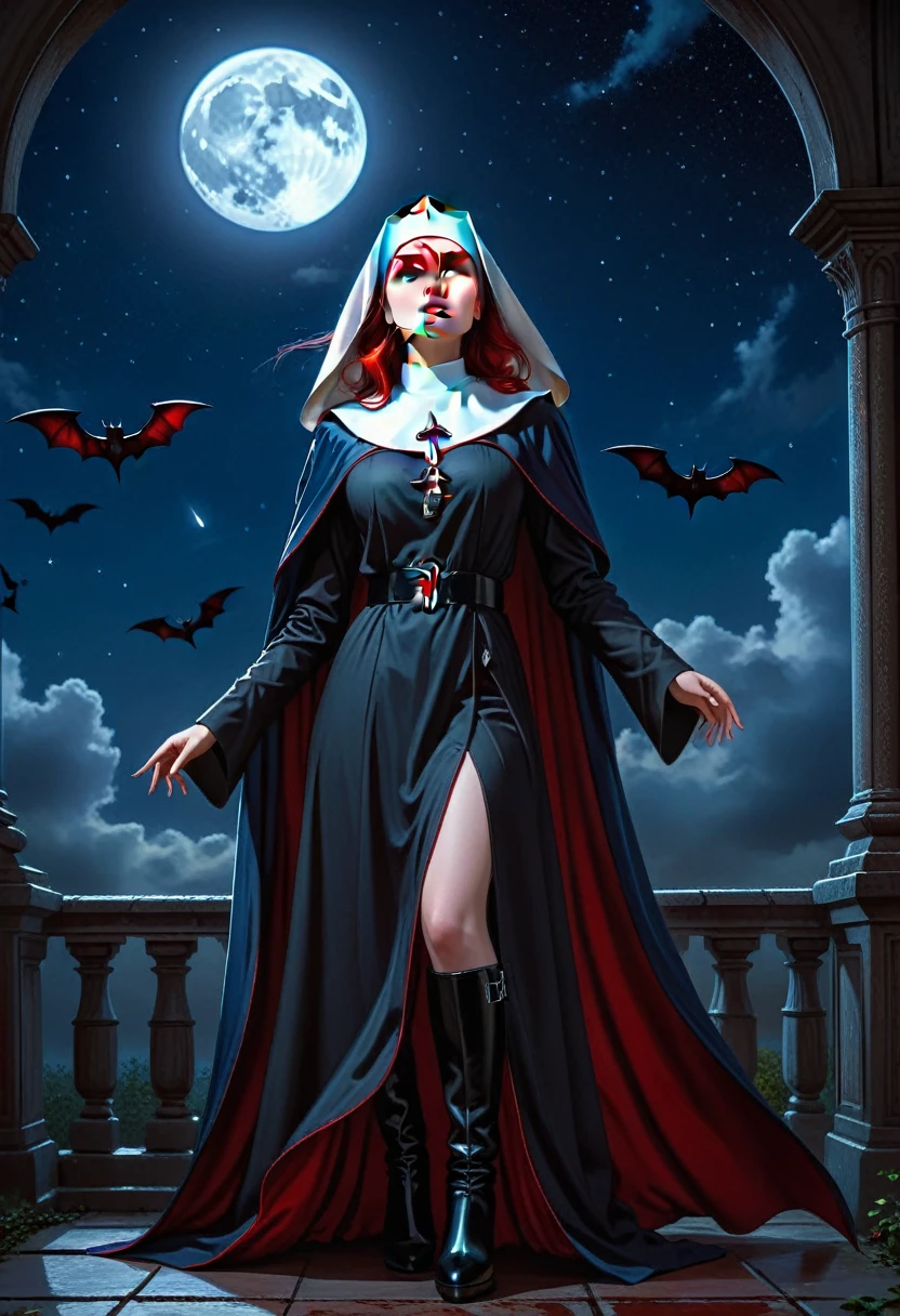 a picture of an exquisite beautiful female (nun: 1.3) vampire standing under the starry night sky on the porch of her monastary, action shot, dynamic angle (ultra detailed, Masterpiece, best quality), ultra detailed face (ultra detailed, Masterpiece, best quality), ultra feminine, (pale skin: 1.3), red hair, wavy hair, dynamic eyes color, cold eyes, glowing eyes, intense eyes, dark red lips, ((fangs: 1.1)), wearing white nun habit (ultra detailed, Masterpiece, best quality), wearing (blue cloak: 1.3) (ultra detailed, Masterpiece, best quality), long cloak, flowing cloak (ultra detailed, Masterpiece, best quality), wearing (high heeled boots: 1.3), sky full of stars background, moon, bats flying about, action shot, high details, best quality, 16k, [ultra detailed], masterpiece, best quality, (ultra detailed), full body, ultra wide shot, photorealism, dark fantasy art, dark fantasy art, gothic art, many stars, dark fantasy art, gothic art, sense of dread,  GlowingRunesAI_red, Cinematic Hollywood Film style