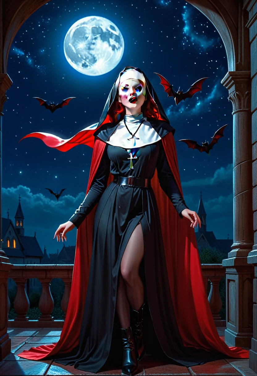 a picture of an exquisite beautiful female (nun: 1.3) vampire standing under the starry night sky on the porch of her monastary, action shot, dynamic angle (ultra detailed, Masterpiece, best quality), ultra detailed face (ultra detailed, Masterpiece, best quality), ultra feminine, (pale skin: 1.3), red hair, wavy hair, dynamic eyes color, cold eyes, glowing eyes, intense eyes, dark red lips, ((fangs: 1.1)), wearing white nun habit (ultra detailed, Masterpiece, best quality), wearing (blue cloak: 1.3) (ultra detailed, Masterpiece, best quality), long cloak, flowing cloak (ultra detailed, Masterpiece, best quality), wearing (high heeled boots: 1.3), sky full of stars background, moon, bats flying about, action shot, high details, best quality, 16k, [ultra detailed], masterpiece, best quality, (ultra detailed), full body, ultra wide shot, photorealism, dark fantasy art, dark fantasy art, gothic art, many stars, dark fantasy art, gothic art, sense of dread,  GlowingRunesAI_red, Cinematic Hollywood Film style