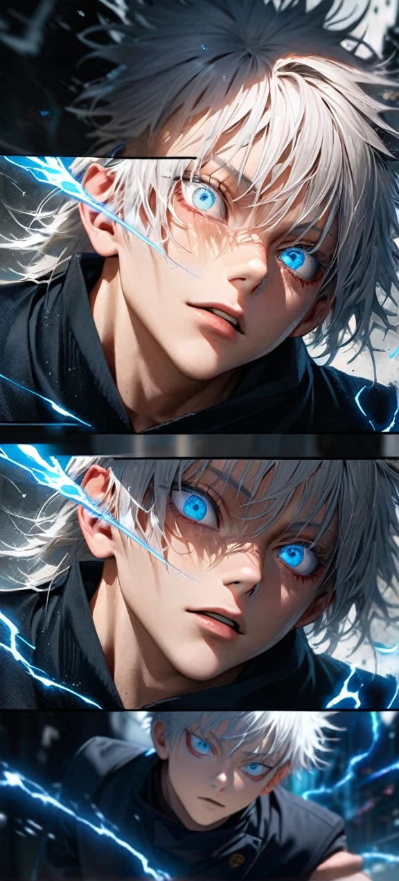 High quality, ultra realistic,absurdres, highres, ultra detailed, HDR, masterpiece, extremely detailed face and eyes, Gojo satoru , jujutsu kaisen,, white hair ,black shirt , solo, ,man, handsome, ,white eyeleshes, blue eyes , Epic fight scene, blue splashing effect,blue lightning effect,glowing glitters , close up,cool eyes, symetrical