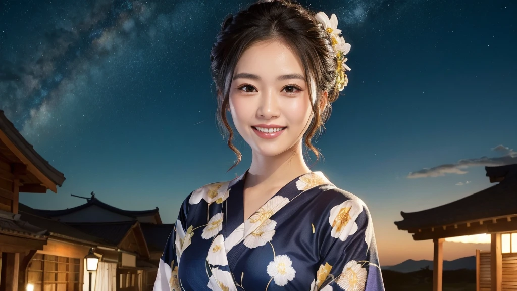 (1women), Updo hairstyle, (round eyes:1.2), (highly detailed face), (extremely detailed beautiful face), (smile happily), (floral pattern yukata), (Best Quality:1.4), (Ultra-detailed), extremely detailed CG unified 8k wallpaper, Realistic portrait, Beautiful detailed, High-definition raw color photos, professional photography, night sky, beautiful milky way, (fine face:1.2), focus on women, tanabata, 