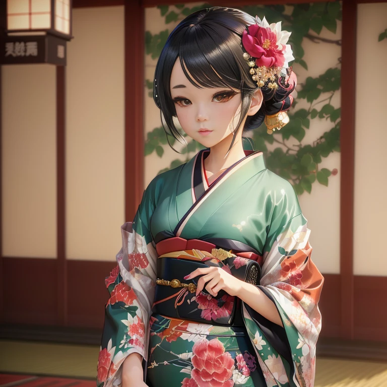 anime girl in kimono outfit holding a black purse and looking at her phone, smooth anime cg art, artwork in the style of guweiz, in a kimono, in kimono, kawaii realistic portrait, realistic anime 3 d style, painted in anime painter studio, cute anime waifu in a nice dress, anime styled 3d, guweiz, made with anime painter studio