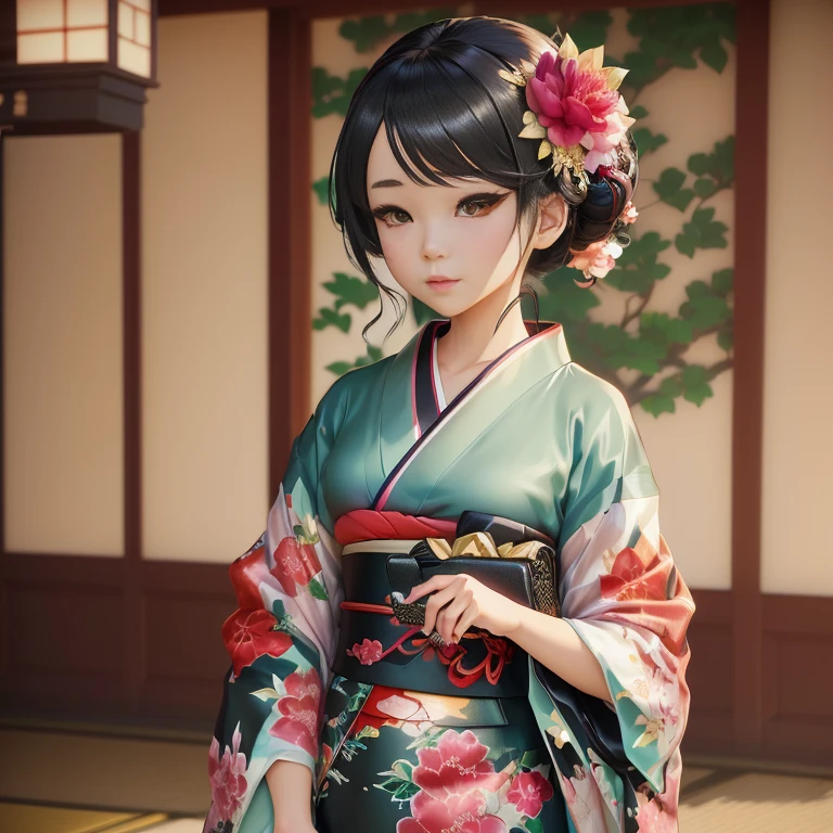 anime girl in kimono outfit holding a black purse and looking at her phone, smooth anime cg art, artwork in the style of guweiz, in a kimono, in kimono, kawaii realistic portrait, realistic anime 3 d style, painted in anime painter studio, cute anime waifu in a nice dress, anime styled 3d, guweiz, made with anime painter studio