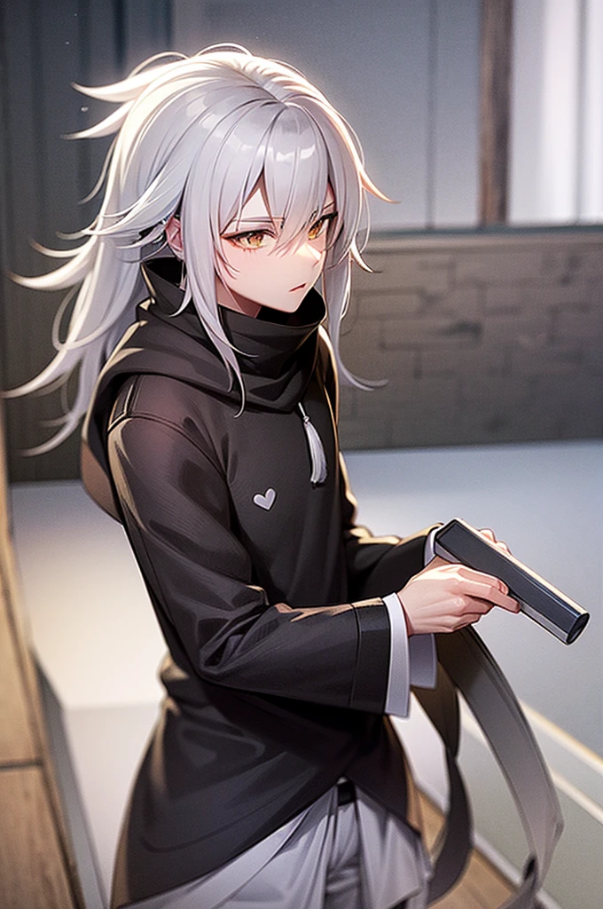 all male, young adult, fair skin, Yellow eyes,wavy grey hair, cold,emotionless expression,feathered fur overcoat with mysterious white, sleveless t shirt, anime art style,handsome,cool,stoic,