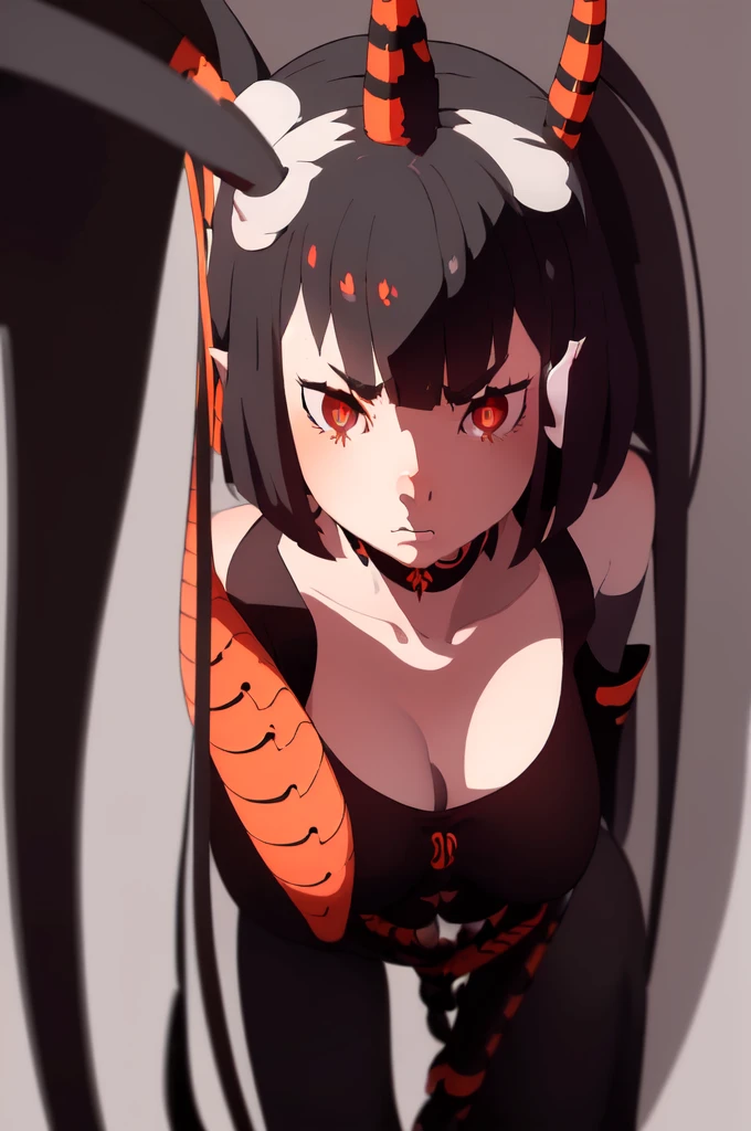Original Character, Volumetric Lighting, Best Shadows, Shallow Depth of Field, (finely best quality illustration:1.1), (1girl, solo:1.1), (black short hair:1.1), (masterpiece, ultra high quality), (standing), (full body visible), (1girl), (solo), (female focus), (Singular, large horn), (monster girl), (Messy bob-cut with sharp bangs), ((bangs covering eyes)), (big eyebrows), (angry eyes), (long tailbone in rear) (Cute anime snake eyes), (limbless female body) Coral Snake Beastman, black eyes, orange scleras, Black hair, Furry, (1 girl), (angry eyes), (red black and yellow striped skin), (harness with mechanical limbs), (amputee body)