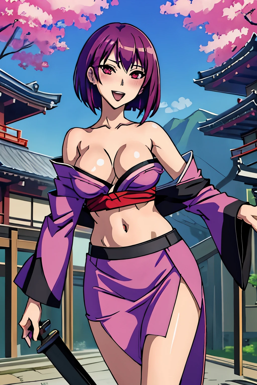saki, (solo:1.1), (short purple hair, red eyes:1.0), blush, lipstick, evil smile, masterpiece, best quality, highly detailed, a anime girls in kimono dress with a sword posing for a
picture, bare shoulder,open kimono, evil smile, open mouth, crop top , (nsfw) not safe for work, smile,
ecchi anime style, anime girls, ecchi style, ecchi, digital anime art!!, in anime style, official artwork, visual
novel cg, beautiful anime girl, anime style 4 k, kimono pencil skirt, exposed belly, exposed navel,
exposed midriff, exposed lower belly, outdoor, japanese architecture, temple