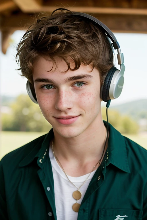 A  white boy with a sharp jaw and some freckles with slightly short hair............, Slightly messy wavy hair and green eyes............. Height of 1.85 with a classic style, with a seductive look with headphones, more seductive, mas sexy, MUCH MORE SEXUAL, but high, with a necklace and a sexy mini smile, hair a little longer