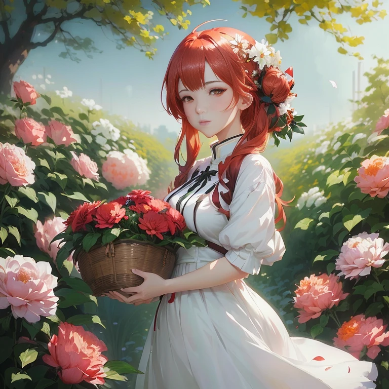 anime girl with red hair and white dress holding a basket of flowers, guweiz, guweiz on pixiv artstation, official artwork, cushart krenz key art feminine, official art, official anime artwork, guweiz on artstation pixiv, rin, she is the center of the garden, artwork in the style of guweiz