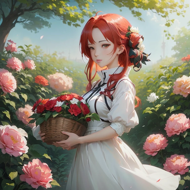 anime girl with red hair and white dress holding a basket of flowers, guweiz, guweiz on pixiv artstation, official artwork, cushart krenz key art feminine, official art, official anime artwork, guweiz on artstation pixiv, rin, she is the center of the garden, artwork in the style of guweiz