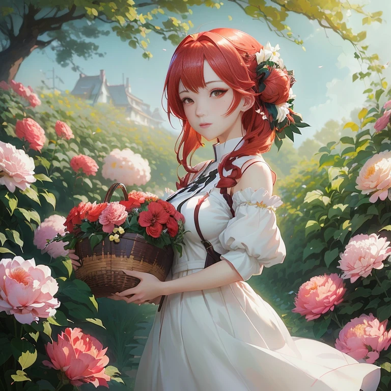 anime girl with red hair and white dress holding a basket of flowers, guweiz, guweiz on pixiv artstation, official artwork, cushart krenz key art feminine, official art, official anime artwork, guweiz on artstation pixiv, rin, she is the center of the garden, artwork in the style of guweiz