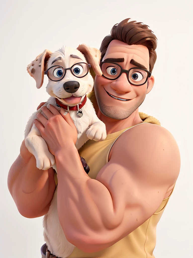 Man with glasses and a beautiful blonde woman with her brown boxer dog,a black sausage dog and a gray and white dog with one blue eye Disney pixar style, best qualityer