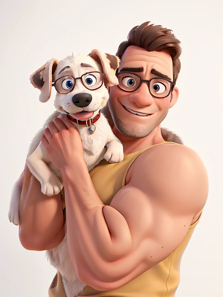 Man with glasses and a beautiful blonde woman with her brown boxer dog,a black sausage dog and a gray and white dog with one blue eye Disney pixar style, best qualityer