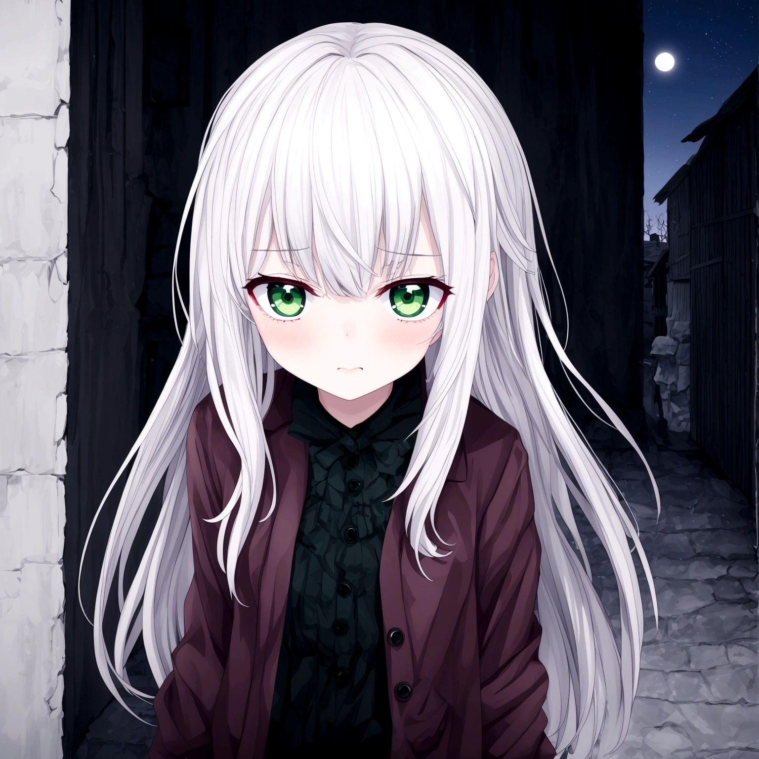 1 age girl , alone , white hair ,green eyes , at night , vampire , wavy hair , walking , scared , on the street