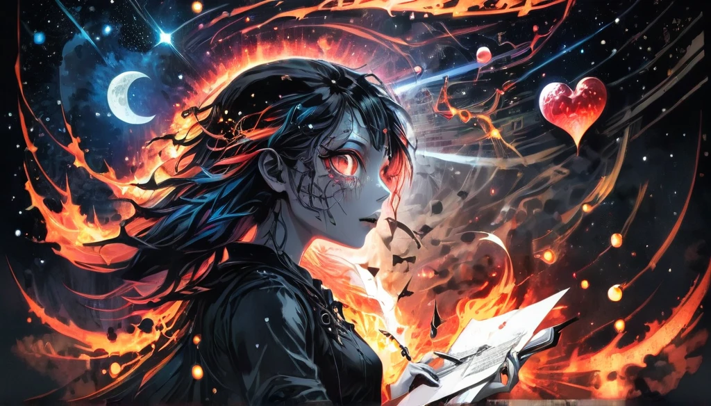High Resolution, High Quality , Masterpiece .Hyper-realistic ink drawing with surreal colors, elements of absurdity in the style of Ross Tran featuring postal envelopes aflame as a reference to Roby Dwi Antono, letters, broken hearts, skulls, and a treble clef ascending into a starry sky, chiaroscuro lighting enhancing symbols of departed love, a moon adorned with eyes emitting an air of melancholy, atmospheric mood.