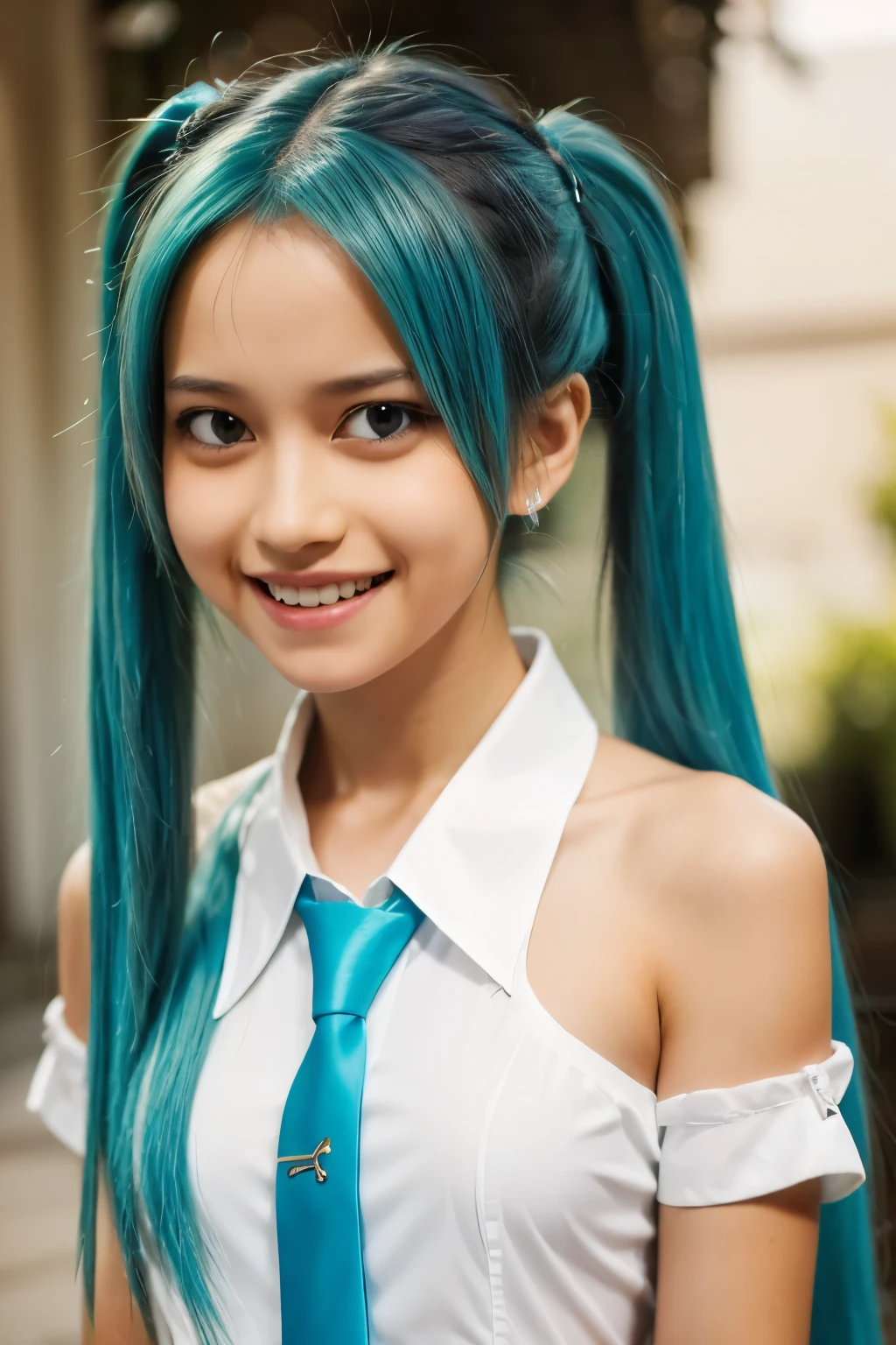 Masterpiece, Hatsune Miku, white shirt, blue tie, bare shoulders, separated sleeves, smiley face, dark skin, blu eyes, blu hair