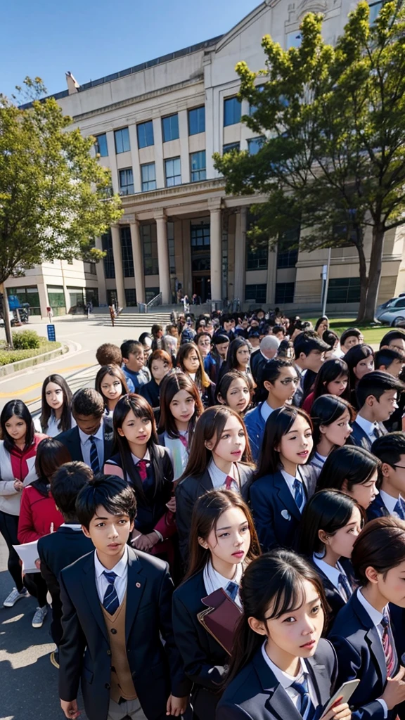 A mixed school and the students gathered in front of the school  