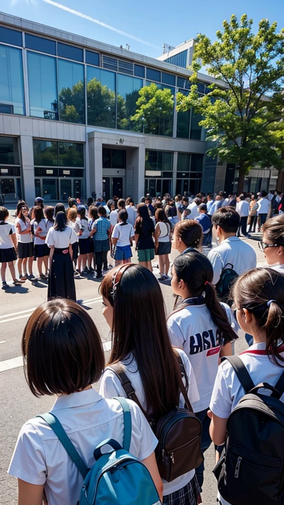 A mixed school and the students gathered in front of the school  