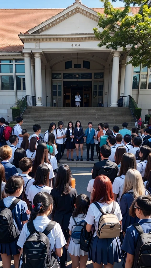 A mixed school and the students gathered in front of the school  