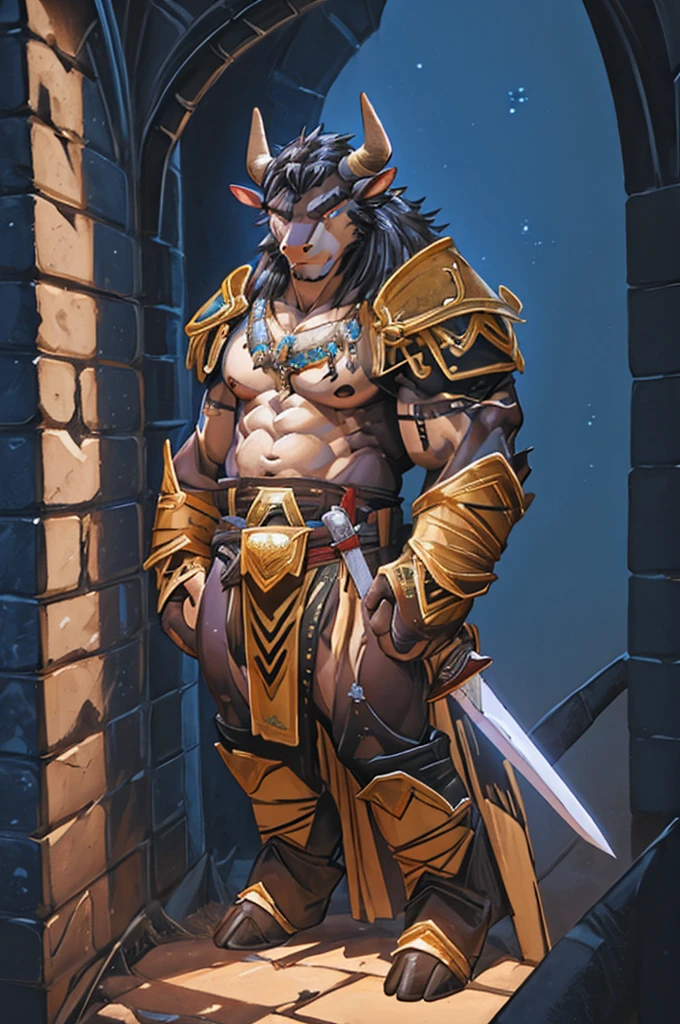 (8K, RAW Photo, Best Quality, Artwork), (1 boy:1.5), detailed portrait of a warrior boy, clearly crafted details, bull minotaur, muscular barbarian, fantasy dark armor, sword and shield, RPG, DND, agile, intricate, cinematic, natural lighting, anime, MAPPA style, ray tracing, detailed face, high resolution, ultra detailed