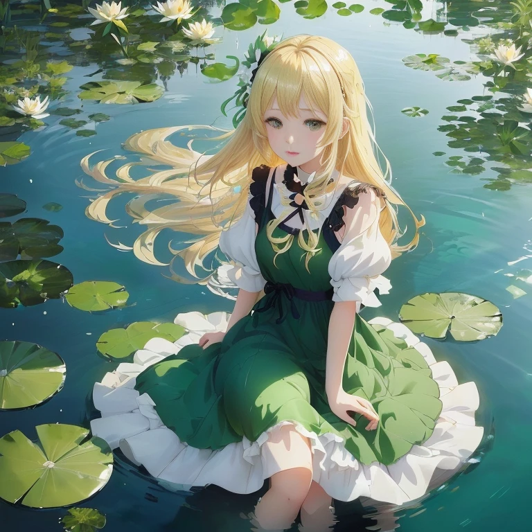 anime girl sitting in water with lily leaves and green dress, loli in dress, splash art anime loli, in a pond, anime visual of a cute girl, lying on lily pad, blonde anime girl with long hair, beautiful anime girl, beautiful anime, cute anime waifu in a nice dress, beautiful anime art, zerochan art, beautiful anime artwork