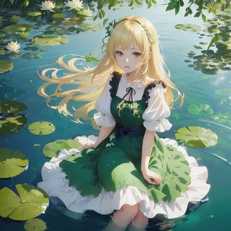 anime girl sitting in water with lily leaves and green dress, loli in dress, splash art anime loli, in a pond, anime visual of a cute girl, lying on lily pad, blonde anime girl with long hair, beautiful anime girl, beautiful anime, cute anime waifu in a nice dress, beautiful anime art, zerochan art, beautiful anime artwork