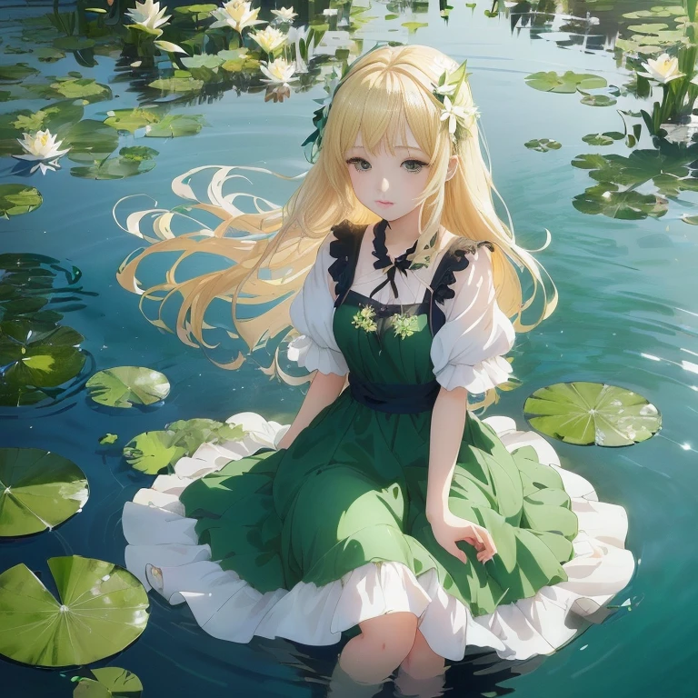 anime girl sitting in water with lily leaves and green dress, loli in dress, splash art anime loli, in a pond, anime visual of a cute girl, lying on lily pad, blonde anime girl with long hair, beautiful anime girl, beautiful anime, cute anime waifu in a nice dress, beautiful anime art, zerochan art, beautiful anime artwork