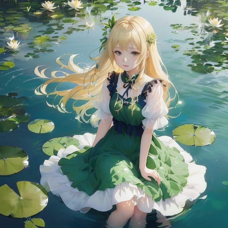 anime girl sitting in water with lily leaves and green dress, loli in dress, splash art anime loli, in a pond, anime visual of a cute girl, lying on lily pad, blonde anime girl with long hair, beautiful anime girl, beautiful anime, cute anime waifu in a nice dress, beautiful anime art, zerochan art, beautiful anime artwork