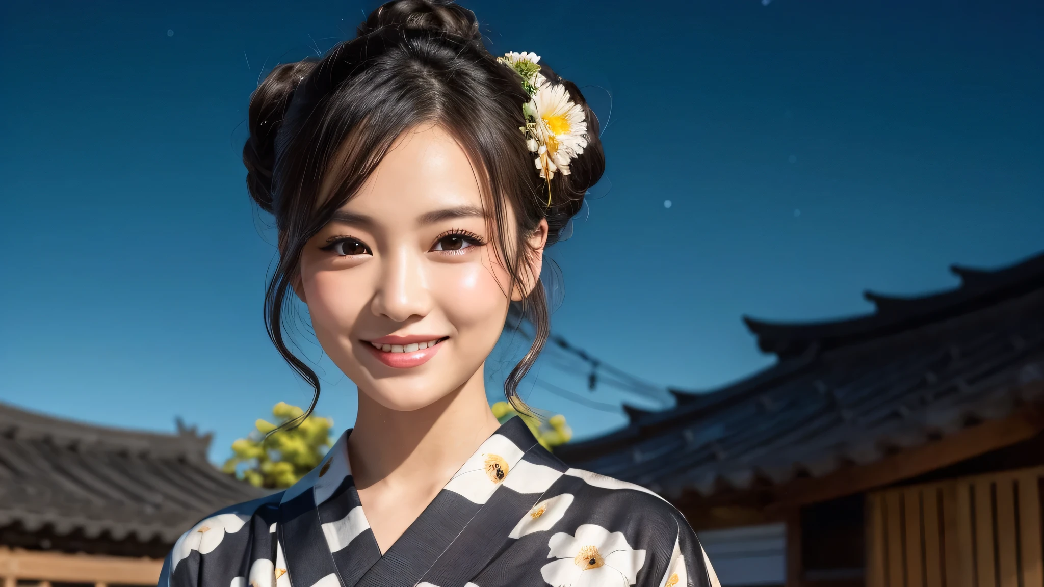 (1women), Updo hairstyle, (round eyes:1.2), (highly detailed face), (extremely detailed beautiful face), (smile happily), (floral pattern yukata), (Best Quality:1.4), (Ultra-detailed), extremely detailed CG unified 8k wallpaper, Realistic portrait, Beautiful detailed, High-definition raw color photos, professional photography, night sky, beautiful milky way, (fine face:1.2), focus on women, tanabata,