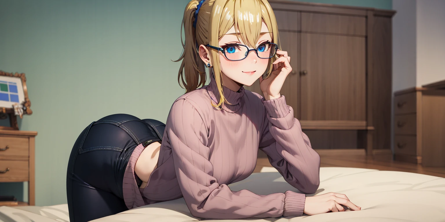 anatomically correct, best quality, masterpiece, high quality, high details, highres, HD, (shaded face:1.2), hollow eyes, dark-blue eyes, looking at viewer, seductive smile, glasses, lips, aihayasakav4, blonde hair, side ponytail, scrunchie, solo, blurry, 1girl, depth_of_field, earrings, blurry_background, small breasts, jewelry, bookshelf, red_eyes, indoors, table, sweater, solo, small_breasts, looking_at_viewer, blurry_foreground, long_sleeves, closed_mouth, bangs, blush, pantyhose, hand_on_own_cheek, sidelocks, breast_rest, ribbed_sweate, 15 years old, teen , 