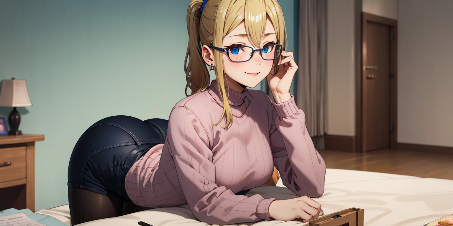 anatomically correct, best quality, masterpiece, high quality, high details, highres, HD, (shaded face:1.2), hollow eyes, dark-blue eyes, looking at viewer, seductive smile, glasses, lips, aihayasakav4, blonde hair, side ponytail, scrunchie, solo, blurry, 1girl, depth_of_field, earrings, blurry_background, small breasts, jewelry, bookshelf, red_eyes, indoors, table, sweater, solo, small_breasts, looking_at_viewer, blurry_foreground, long_sleeves, closed_mouth, bangs, blush, pantyhose, hand_on_own_cheek, sidelocks, breast_rest, ribbed_sweate, 15 years old, teen , 