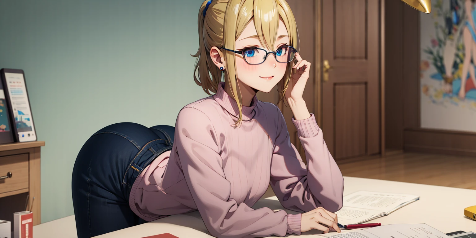 anatomically correct, best quality, masterpiece, high quality, high details, highres, HD, (shaded face:1.2), hollow eyes, dark-blue eyes, looking at viewer, seductive smile, glasses, lips, aihayasakav4, blonde hair, side ponytail, scrunchie, solo, blurry, 1girl, depth_of_field, earrings, blurry_background, small breasts, jewelry, bookshelf, red_eyes, indoors, table, sweater, solo, small_breasts, looking_at_viewer, blurry_foreground, long_sleeves, closed_mouth, bangs, blush, pantyhose, hand_on_own_cheek, sidelocks, breast_rest, ribbed_sweate, , teen ,