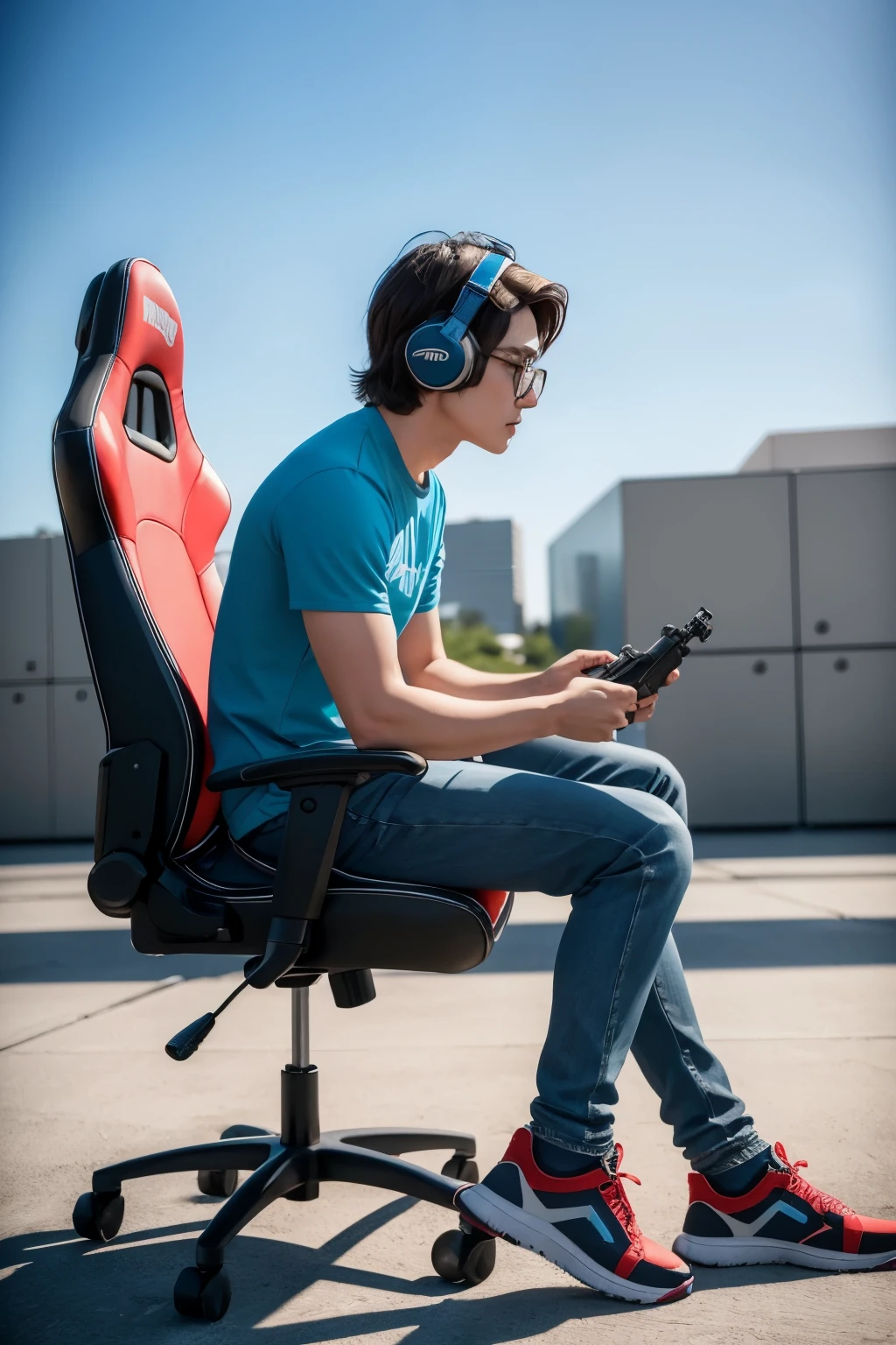 Create a 3D illustration featuring a realistic 20 year old playing a GAME on a chair in front of a 3D Garena Free Fire Game logo. The character must dress in blue, sneakers, with glasses, the background of the image must show a character from the Free Fire 3D game with weapons and battle game map, profile page and username “R3VOLTOSO” and corresponding profile photo and modify it
