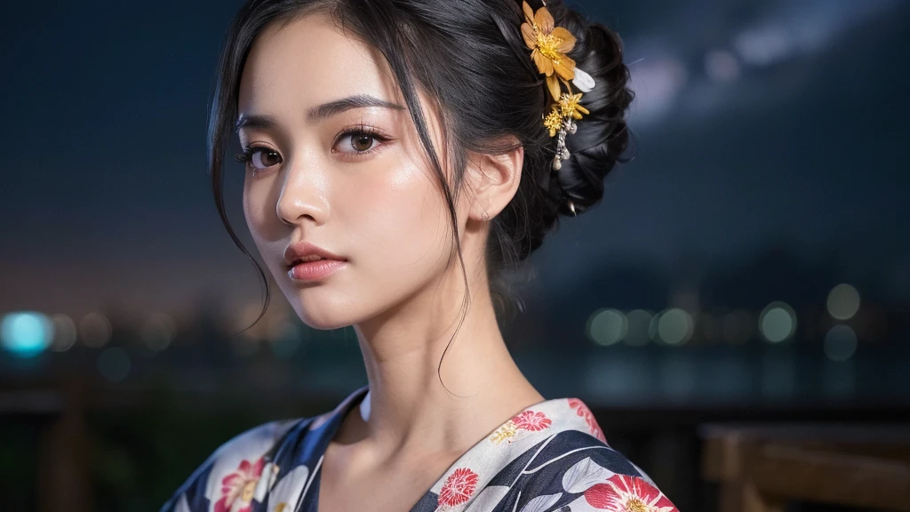 (1women), Updo hairstyle, (round eyes:1.2), (highly detailed face), (extremely detailed beautiful face), (floral pattern yukata), (Best Quality:1.4), (Ultra-detailed), extremely detailed CG unified 8k wallpaper, Realistic portrait, Beautiful detailed, High-definition raw color photos, professional photography, night sky, beautiful milky way, (fine face:1.2), focus on women, tanabata,