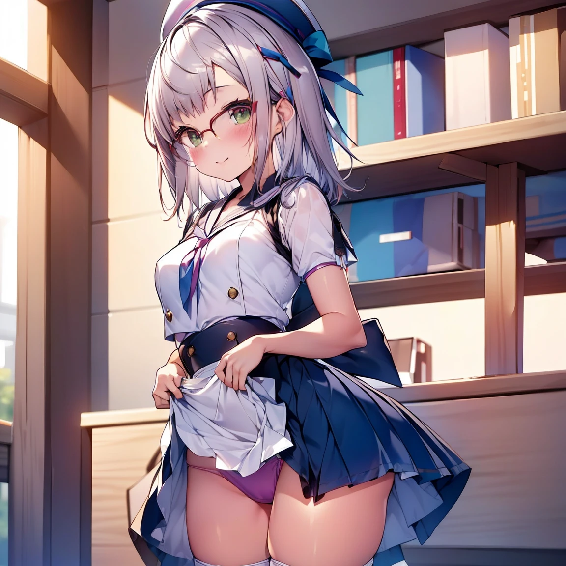 8K、masterpiece、Japanese、Woman wearing glasses、Neon(nod)、from the front、smile、Childish、Small breasts、See-through underwear、night、Bedroom、Show your underwear、mini skirt