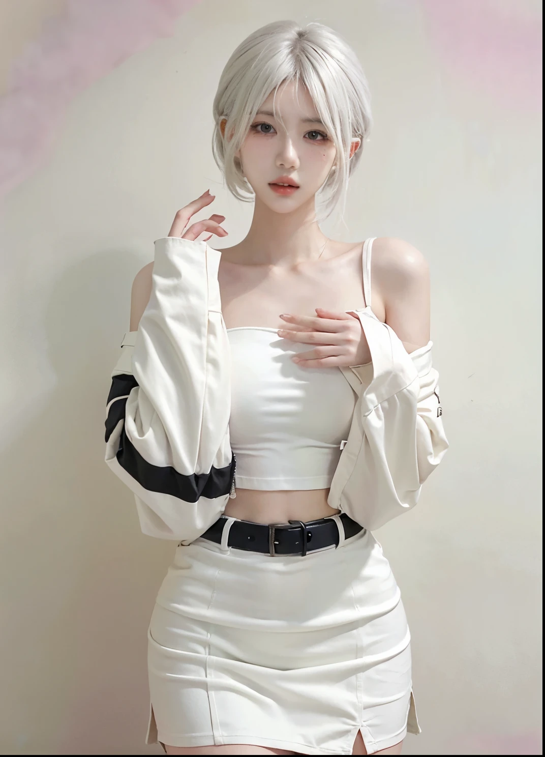 Beautiful woman with perfect figure:1.4,Ultra-high resolution,Put your hands behind your back,White background,(Realism:1.4),Layered hairstyle,White skin,JK:1.5,Super short pleated skirt,whole body:1.4,Very delicate and skin texture,Double eyelids,Skin Whitening,Long hair,White hair