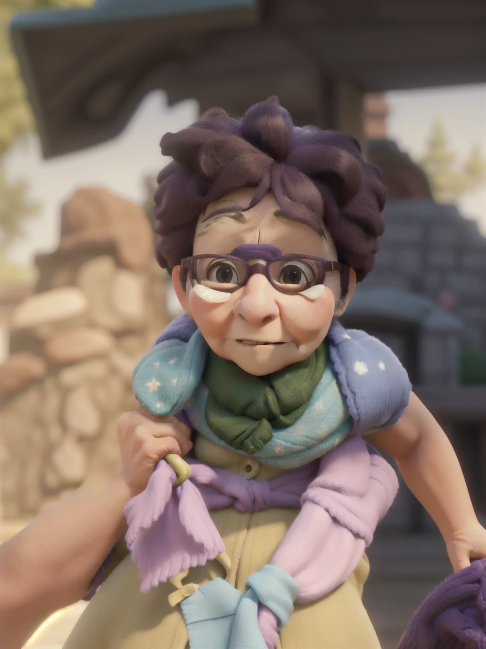 masterpiece, best quality, an old woman with glasses and a scarf on, wearing a purple coat and green scarf, standing at the park