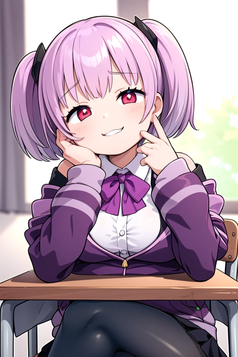 1girl, grin, :3, twintails, upper body, hand to own mouth, looking at viewer, half-closed eyes, hoodie, pink hair, blue eyes,Masterpiece, Best quality, A high resolution, Akane Shinjo, 1girll, Solo, Pantyhose, shirt, bow, Skirt, purple jacket, Jacket, White shirt, Long sleeves, Short hair, Black skirt, Collared shirt, Black pantyhose, Open clothes, neck bowtie, Purple bow, Breasts, bangs, Red eyes, Pleated skirt, cropped shoulders, Open jacket, sleeves past wrists, Light purple hair, Purple bow tie, Miniskirt, Cowboy shot, Classroom,((crossed legs)), boots,